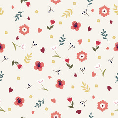 Flat style seamless pattern with flowers and hearts.