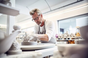 Passionate Small Business Owner Creating Elegant Pottery in Modern Studio. Generative AI.