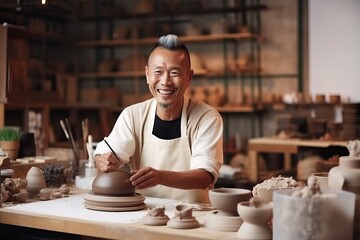 Passionate Small Business Owner Creating Elegant Pottery in Modern Studio. Generative AI.