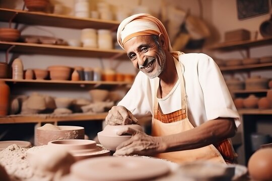 Passionate Small Business Owner Creating Elegant Pottery in Modern Studio. Generative AI.