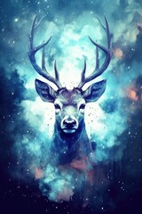 art deer in space . dreamlike background with deer . Hand Drawn Style illustration 