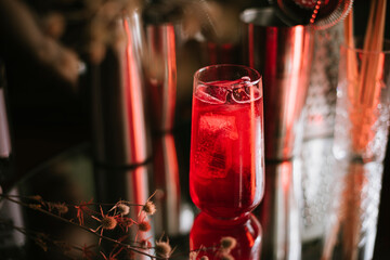 Beautiful red glowing long cocktail drink in a highball, standing among bar gear on a mirrored surface, under the neon glow, close up view  - 613829885