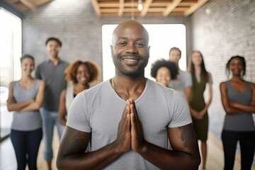 Fototapeta na wymiar Optimistic Small Business Male Owner Leading Serene Meditation in Modern Yoga Studio. Generative AI.