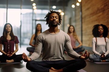 Optimistic Small Business Male Owner Leading Serene Meditation in Modern Yoga Studio. Generative AI.