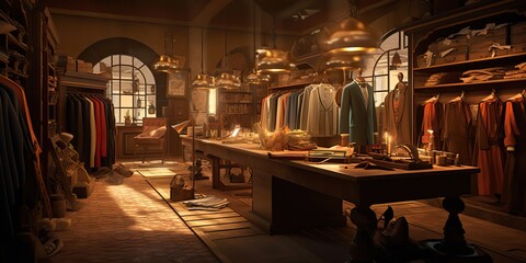 AI Generated. AI Generative. Retro vintage style antique tailor gentleman dress lady store shop workshop factory. Graphic Art