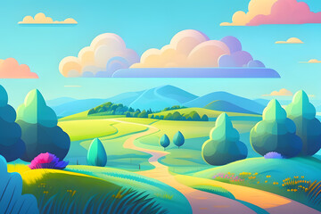 Summer fields with Road hills track landscape green grass blue sky with clouds cartoon style  painting illustration created with Generative AI technology