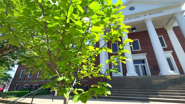 Cinematic Pan Shot of the Clarence Mitchell Jr. Building at the University of Maryland