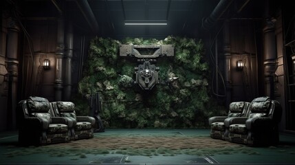 A beautiful gamer bunker background with space to promote products and services. War Games concept. Camouflage Style. Create with generative ai.