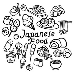 hand  drawn illustration doodles, food doodles, japanese doodles, ice cream doodles, noodle doodles, japanese food illustration, fish doodles, bakery doodles, vector illustration