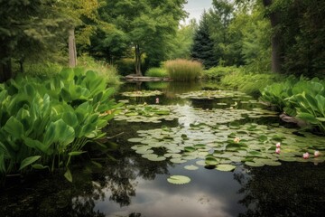 Pond with floating lily pads