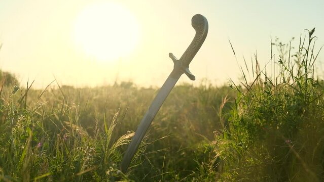The saber of the Ukrainian Cossacks is stuck in the ground, among the grass, against the background of the sunset. The concept of freedom.