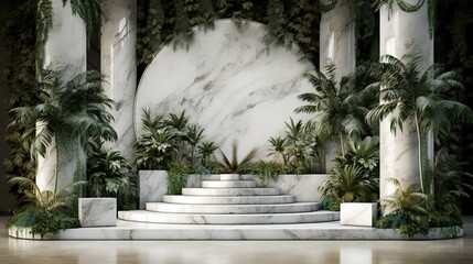 A beautiful background with marble podium stage with empty space to promote products and services. Plants and Flowers. Create with generative ai.