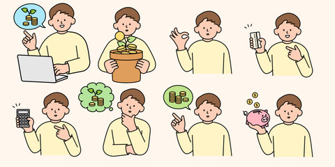 A set of man planning finances, savings accounts, and money-saving. Simple Style Vector illustration.
