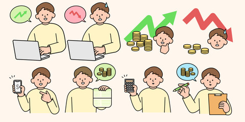 A set of man planning finances, savings accounts, and money-saving. Simple Style Vector illustration.