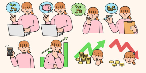 A set of woman planning finances, savings accounts, and money-saving. Simple Style Vector illustration.