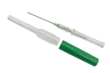 IV catheter with green needle sheath placed isolate on transparent background