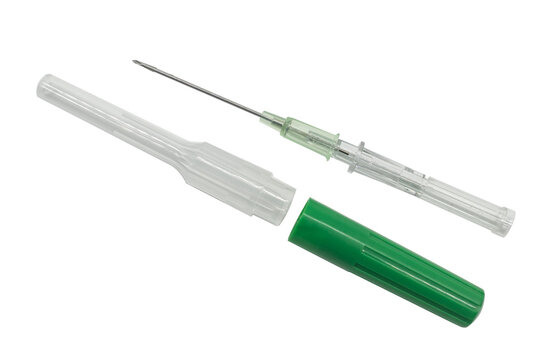 IV catheter with green needle sheath placed isolate on transparent background