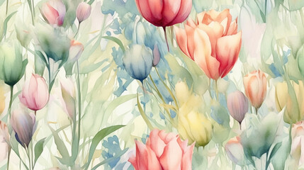 Seamless tileable Pattern of  tulips,  in pastel palette on light background created with Generative AI technology