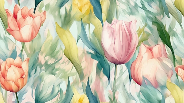 Seamless tileable Pattern of  tulips,  in pastel palette on light background created with Generative AI technology