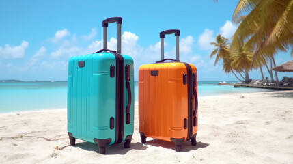 Two travel colorful suitcases on a tropical beach for summer vacations concept