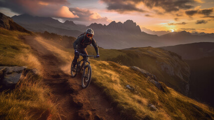 Naklejka na ściany i meble A daring mountain bike rider navigating a rugged rocky trail with a breathtaking mountain vista , adventure riding concept
