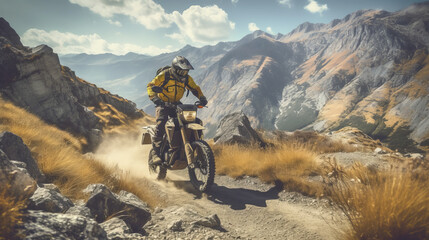 Naklejka na ściany i meble A daring motocross rider navigating a rugged rocky trail with a breathtaking mountain vista , adventure riding concept