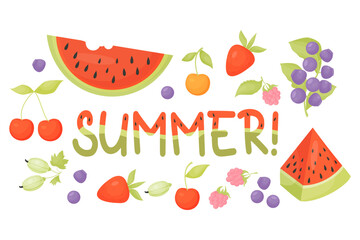Summer berries. Forest and garden fruits. Lettering summer with watermelon pattern. Collection isolated vector illustrations in cartoon style on white background.