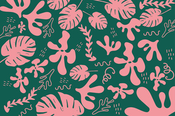 Fototapeta premium Trendy pink and green hand-drawn background with plants