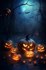 A beautiful background to promote halloween party with pumpkins, bats, lights and ornaments. Create with generative ai.