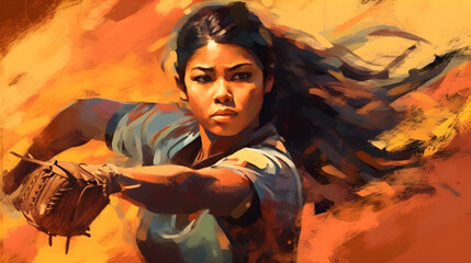 A pitcher gracefully winding up to throw a softball baseball, her focused expression revealing her determination.