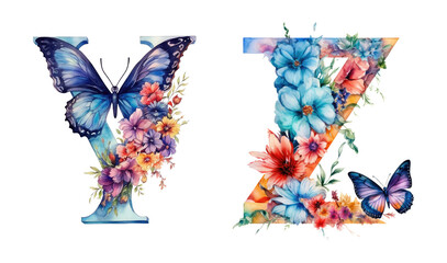 Floral Alphabet With Butterfly Watercolor Clipart 04. Generative AI