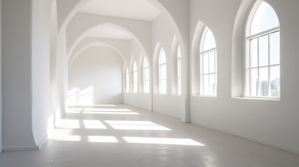 Fototapeta premium Generative ai illustration of White minimalistic room with blank walls and sunlight