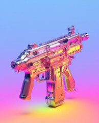 Automatic gun in chrome iridescence colors on neon pink blue violet purple background. Generated AI.