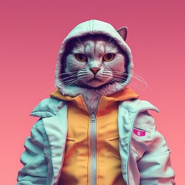 Fashion photography of a cute anthropomorphic dog dressed in large hiphop clothes from 1980s with pastel iridescent palette. Pink, yellow, blue, violet vibrant colors.