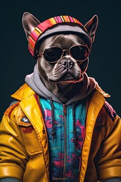 Fashion photography of a cute anthropomorphic dog dressed in large hiphop clothes from 1980s with pastel iridescent palette. Pink, yellow, blue, violet vibrant colors. Generated AI.