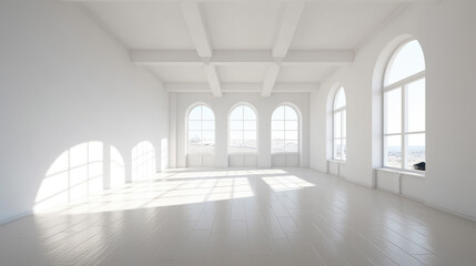 Generative ai illustration of White minimalistic room with blank walls and sunlight