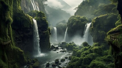 Fototapeta na wymiar A beautiful landscape with waterfalls, fog and mountains. Create with generative ai.