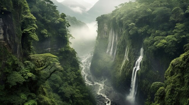 A beautiful landscape with waterfalls, fog and mountains. Create with generative ai.