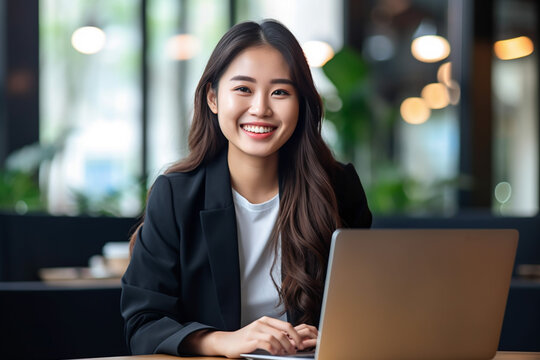 Young smiling Asian business woman employee or student working on laptop in corporate office. Marketing manager using computer technology. Generative Ai content. - Powered by Adobe