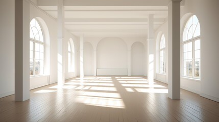 Generative ai illustration of White minimalistic room with blank walls and sunlight