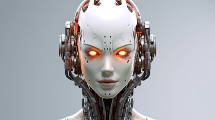 A front-shot portrait of a female humanoid robot with red eyes looking directly into the camera on a plain background. Generative AI