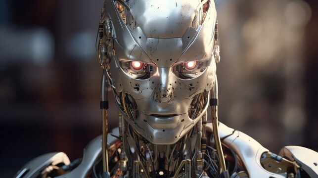 A front-shot portrait of a frightening humanoid robot with red eyes looking directly into the camera on a blurry background. Generative AI