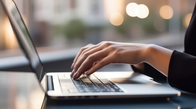 A young woman's hands working on a computer laptop on a table with a bokeh background. Close up. Business and Technology. Generative AI