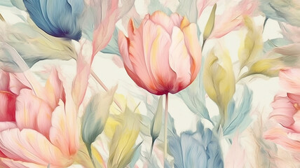 Pattern of spring and summer flowers in pastel palette on light background created with Generative AI technology