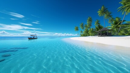 Fototapeta premium A beautiful tropical beach landscape with coconut trees, clean water in a sunny day. Create with generative ai.