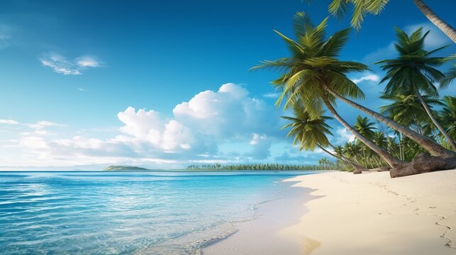 A beautiful tropical beach landscape with coconut trees, clean water in a sunny day. Create with generative ai.