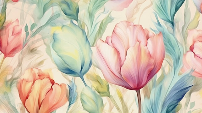 Pattern of spring and summer flowers in pastel palette on light background created with Generative AI technology