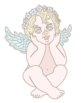 Little angel wuth wreath. Soft vector illustration isolated on white background.