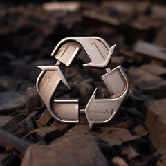 Waste recycling symbol made of metal in silver color on a background of rusty scrap metal - obrazy, fototapety, plakaty