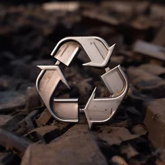 Rolgordijnen Waste recycling symbol made of metal in silver color on a background of rusty scrap metal © Aija
